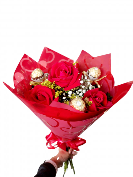 Trio de rosas com bombons Ferrero Rocher